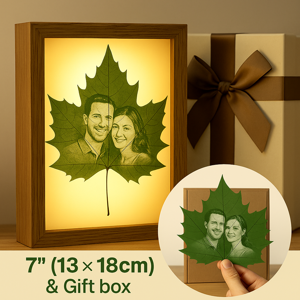 Sycamore Leaf Carving Art – Suitable for 1–3 People Photo, Gift Box Packaging, Display as a Night Light with LED Light Frame