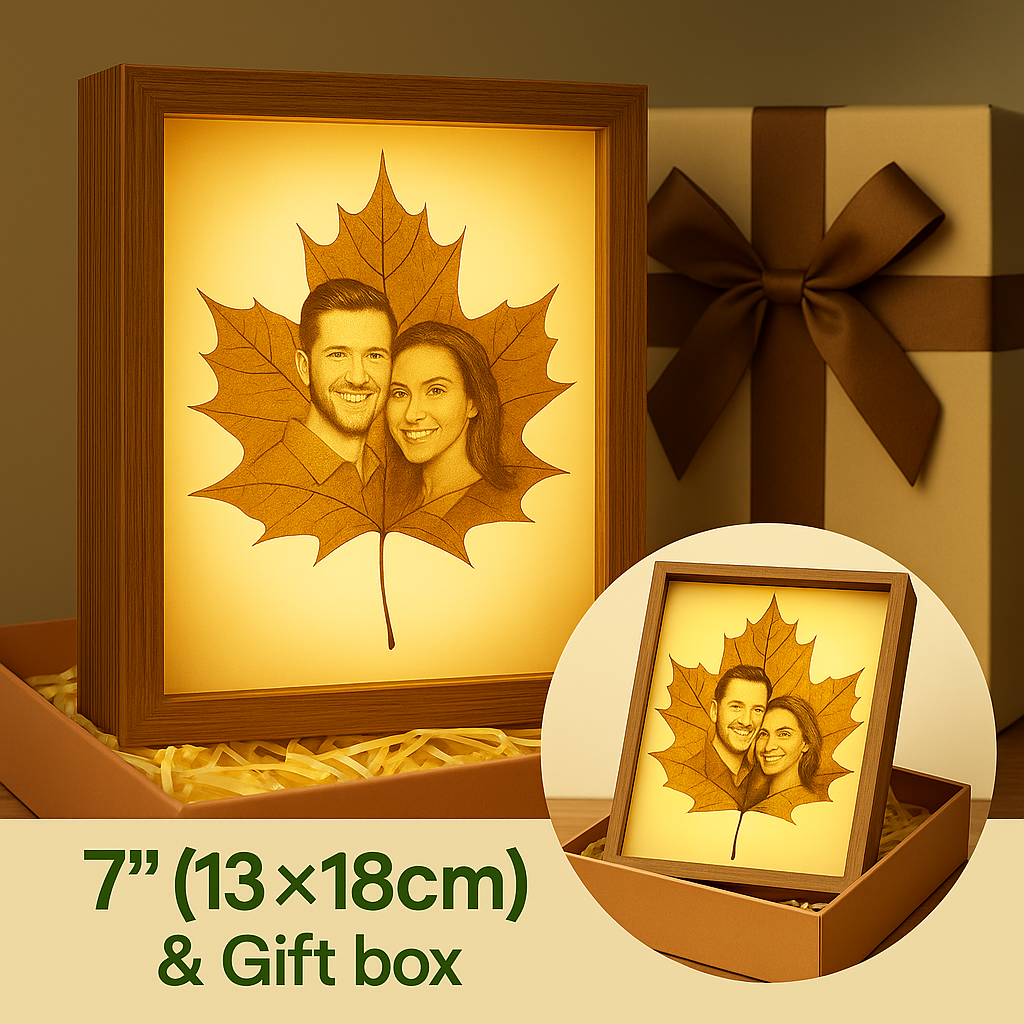Sycamore Leaf Carving Art – Suitable for 1–3 People Photo, Gift Box Packaging, Display as a Night Light with LED Light Frame