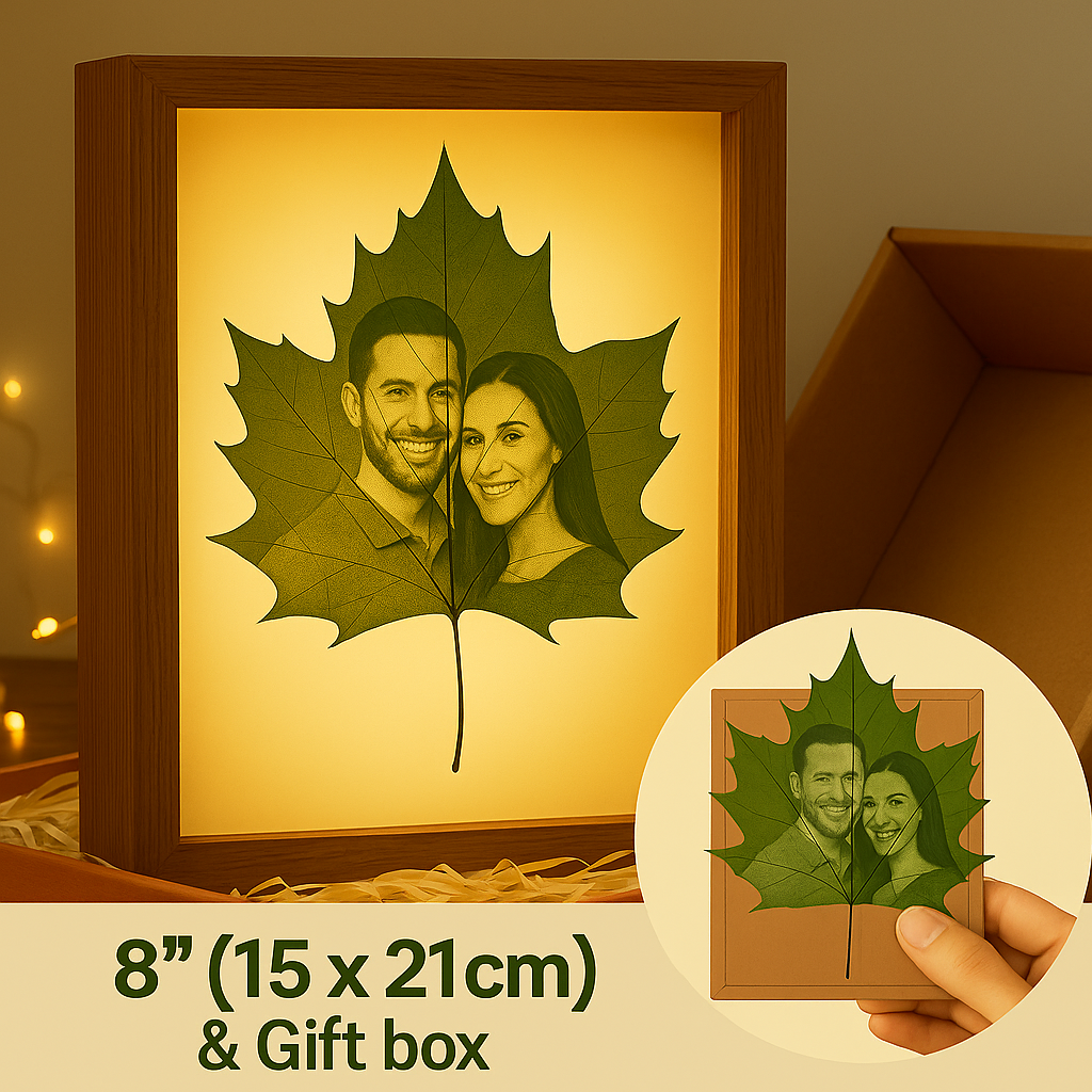 Sycamore Leaf Carving Art – Suitable for 1–3 People Photo, Gift Box Packaging, Display as a Night Light with LED Light Frame
