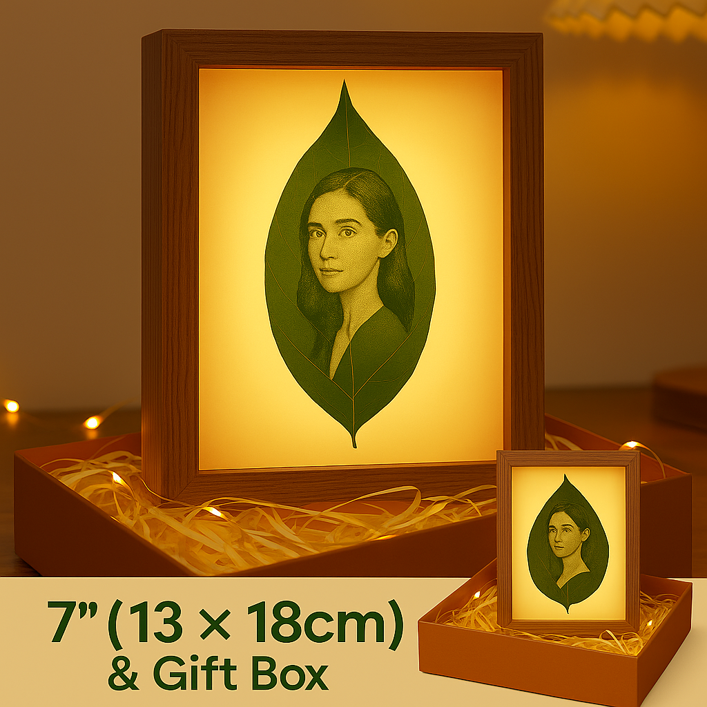 Cinnamon Leaf Carving Art - For 1 Person Photo, Gift Box Packaging, Display as a Night Light with LED Light Frame