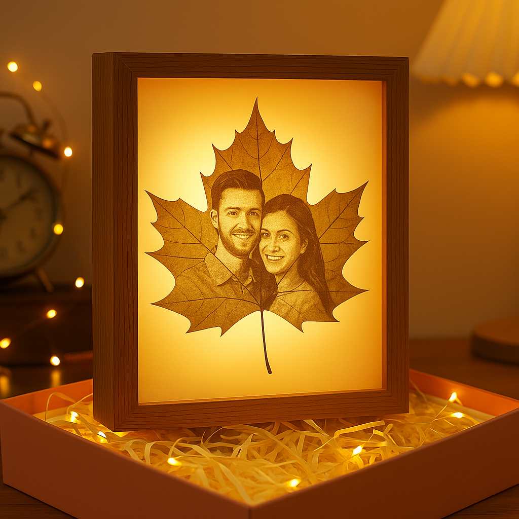 Sycamore Leaf Carving Art – Suitable for 1–3 People Photo, Gift Box Packaging, Display as a Night Light with LED Light Frame