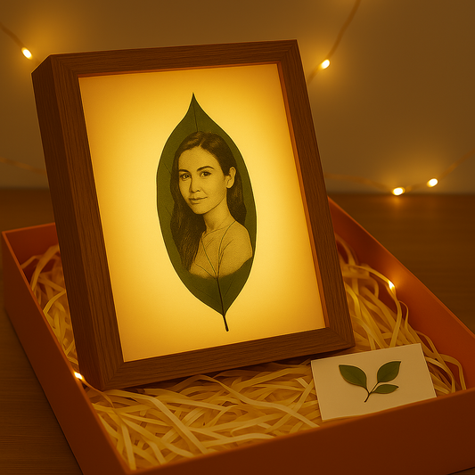 Cinnamon Leaf Carving Art - For 1 Person Photo, Gift Box Packaging, Display as a Night Light with LED Light Frame