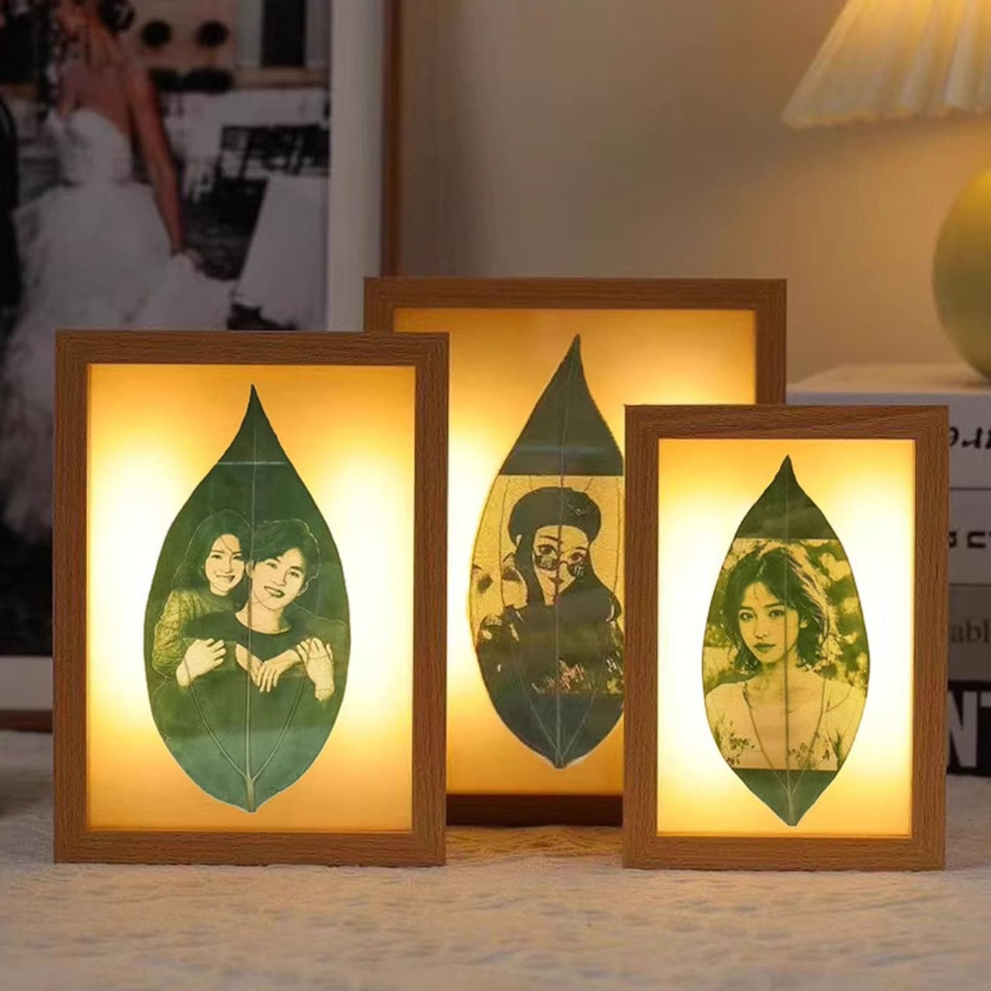 Cinnamon Leaf Carving Art - For 1 person photo, gift box packaging, display as a night light with LED light frame